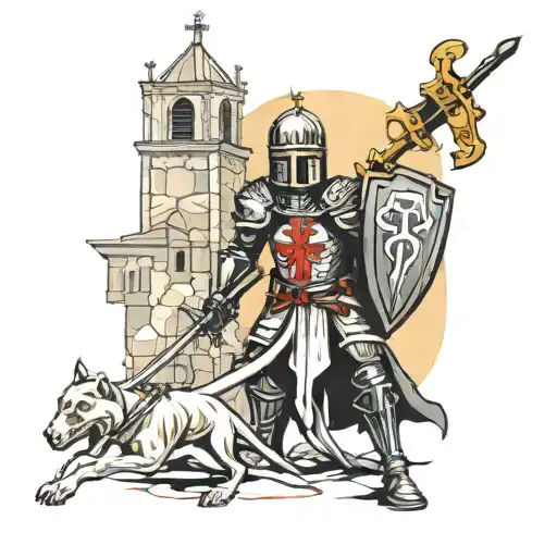 knight templar protecting a church surrounded tattoo design idea