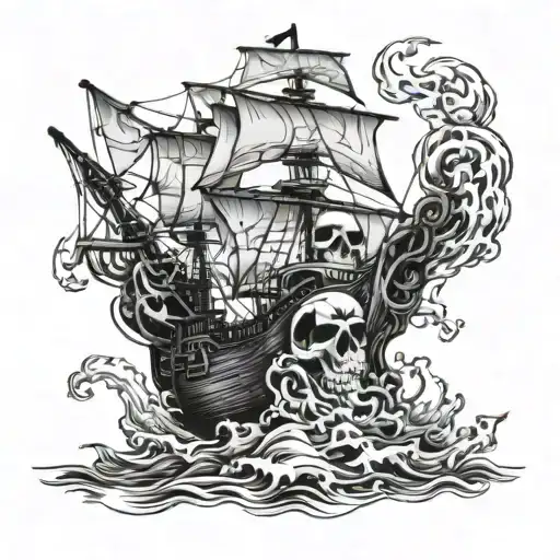 pirate ship in the sea over a hat of a pirate skull tattoo design idea