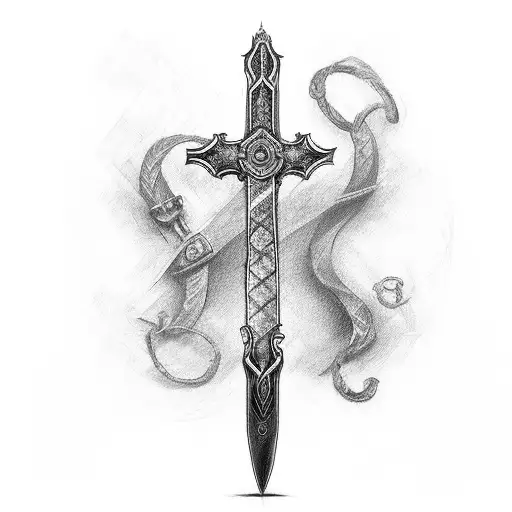 sword that's a cross, wrapped around arm with the names Brionna and Sylvia  tattoo design idea