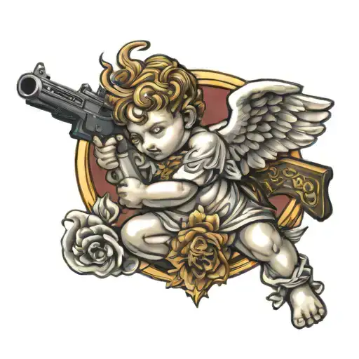 cherub angel aiming  ak 47 tattoo design idea
