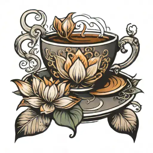 A steaming cup of coffee with a lotus flower floating on top tattoo design idea