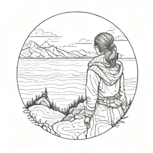 girl overlooking ocean and mountains in snow, she is sad and overlooking away from the foreground tattoo design idea