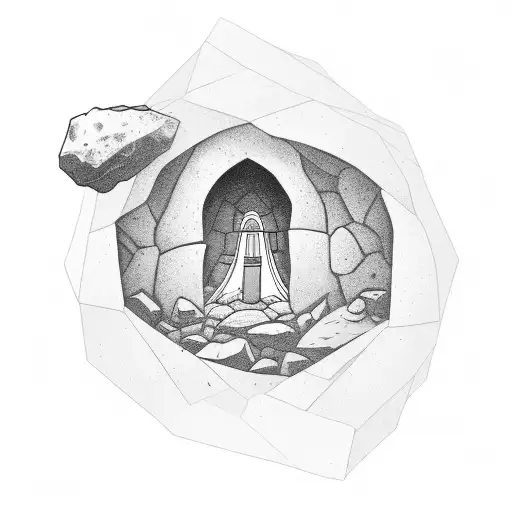 the empty tomb, which is like a cave with a boulder near the entrance keep it im a rectangle like a comic panel tattoo design idea