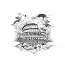 broken Colosseum, clouds surrounding, gladiator in front tattoo design idea