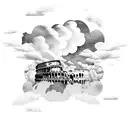 broken Colosseum, clouds surrounding, gladiator in front tattoo design idea
