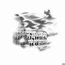 broken Colosseum, clouds surrounding, gladiator in front tattoo design idea
