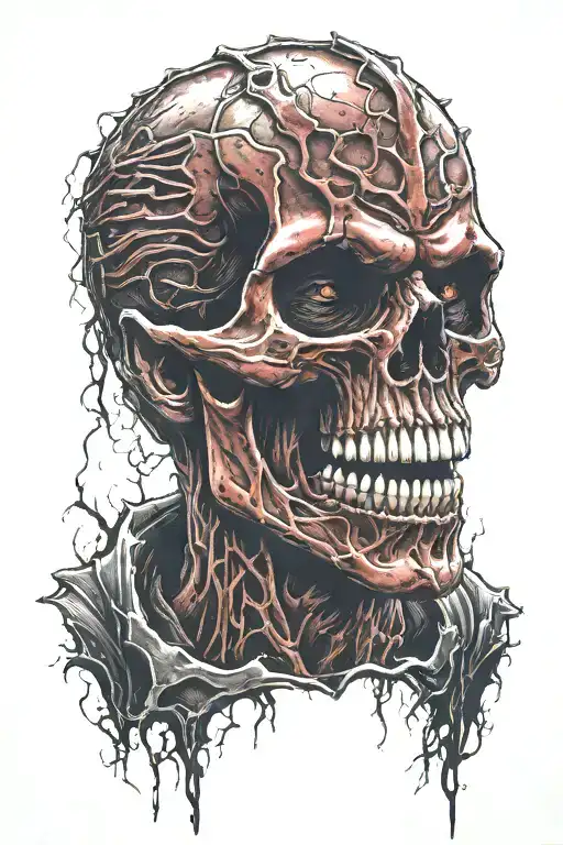 a red skull horror style with fangs  tattoo design idea