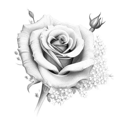 small bouquet of one rose and one daffodil and baby's breath tattoo design idea