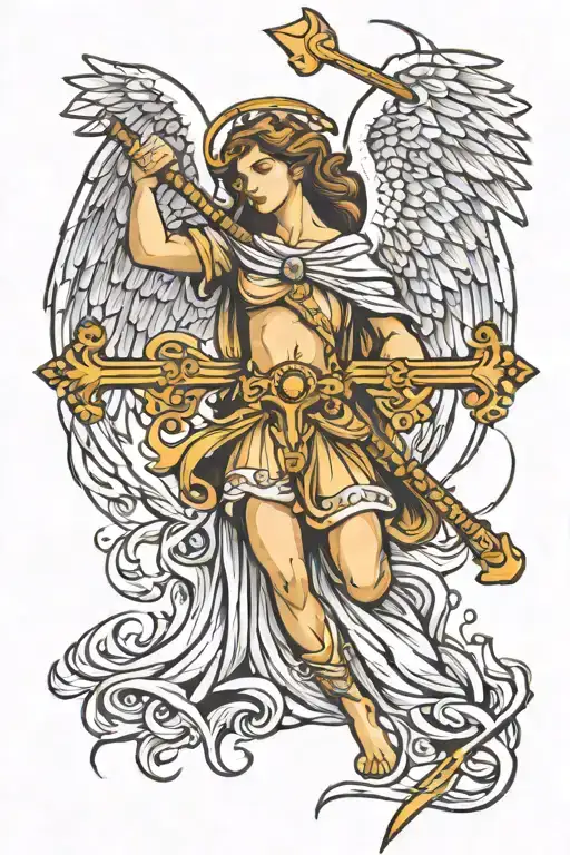 angel holding cross spear tattoo design idea