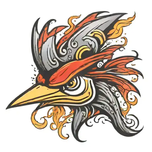 woody woodpecker head in flames smoke  tattoo design idea