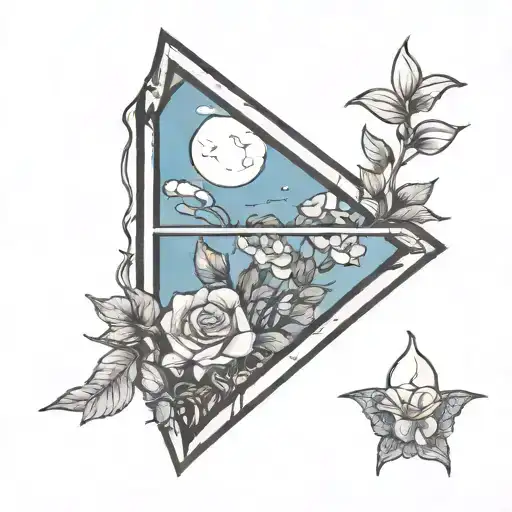  square 4 pane window , moon , flowers tattoo design idea