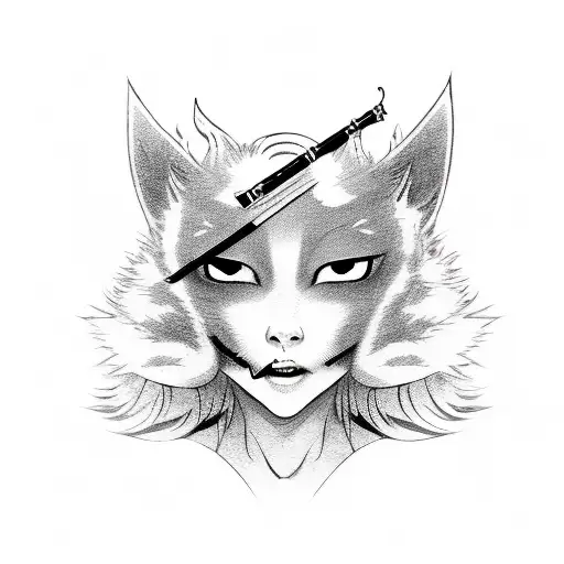 a girl in traditional Japanese clothes with a thin tube and a long mouthpiece, a kitsune mask pushed sideways tattoo design idea