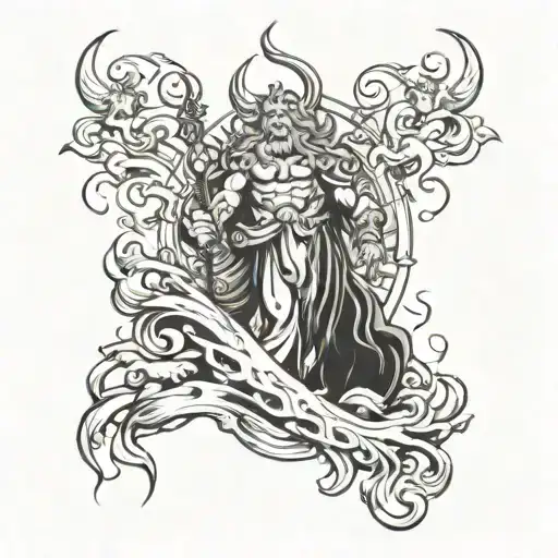 Poseidon trident, zeus thunder, hades bident, hades hell in down, poseidon sea in middle, zeus sky in up tattoo design idea