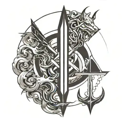 Poseidon's trident with the ocean in the middle, Hades' bident with hell below, Zeus' lightning above with the sky.  tattoo design idea