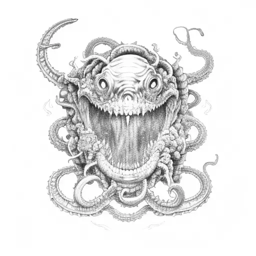 A monstrous sea serpent coiling around a shipwreck, with glowing eyes and a sinister grin tattoo design idea