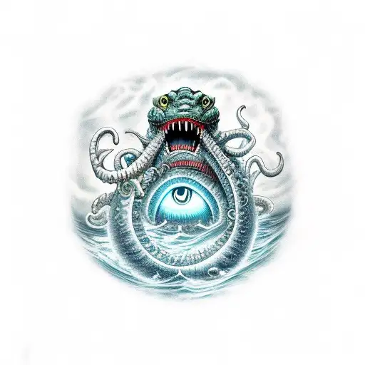A monstrous sea serpent coiling around a shipwreck, with glowing eyes and a sinister grin tattoo design idea