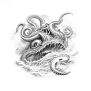 A monstrous sea serpent coiling around a shipwreck, with glowing eyes and a sinister grin tattoo design idea