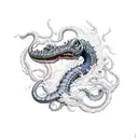 A monstrous sea serpent coiling around a shipwreck, with glowing eyes and a sinister grin tattoo design idea