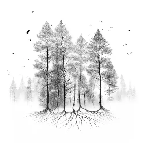 Forest with trees breaking apart into birds tattoo design idea