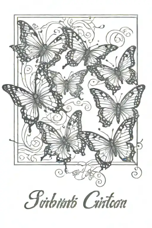 Three hand-drawn personalized butterflies with name and birthdate written in the line of the wing of each  tattoo design idea