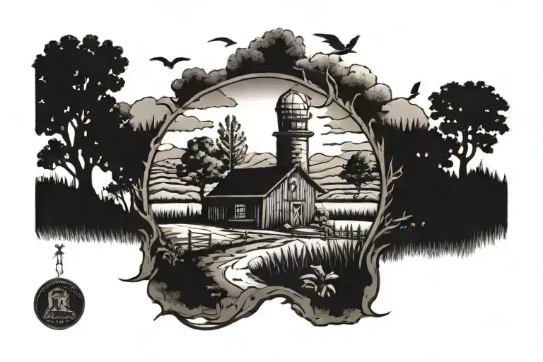 nature themed for veteran that has a farm scene tattoo design idea