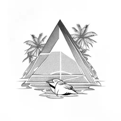 woman in jungle pyramid behind with tropical birds and palm trees  tattoo design idea