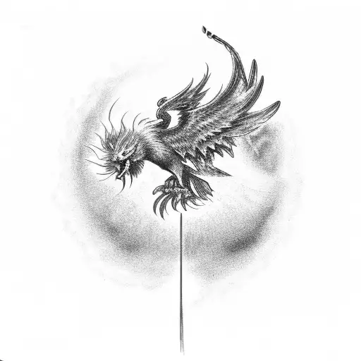 A dotwork tattoo of a phoenix singing into a microphone tattoo design idea