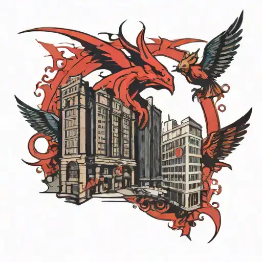 skyscraper, Red Bull, devil, liverbird tattoo design idea