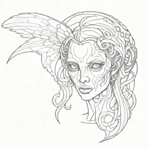 alien serafin angel with eyes within the wings tattoo design idea