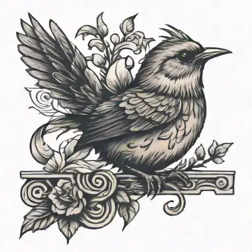 Wren Bird with letters  tattoo design idea