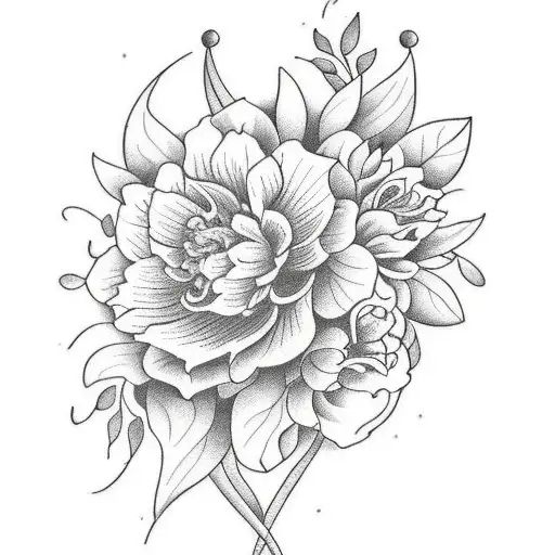 peonys,  daffodils,  and dahliahs with leaves wrap around tattoo tattoo design idea