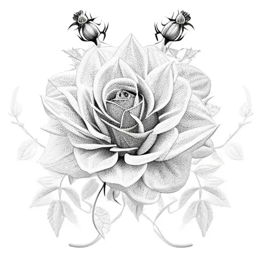 A black-grey design featuring a blooming dahlia and climbing rose vines tattoo design idea
