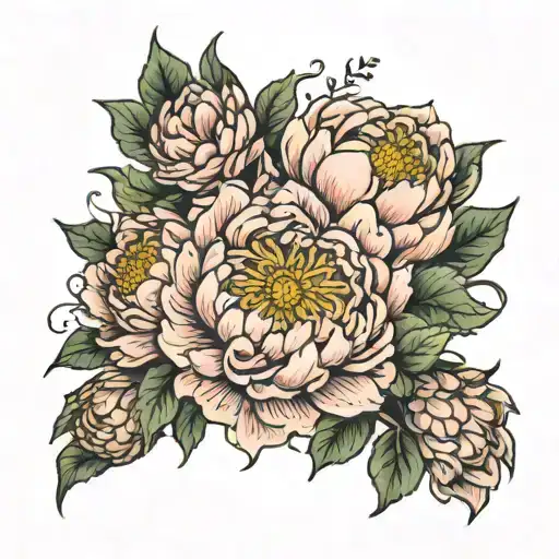 peony and chrysanthemum bouquet tattoo design idea