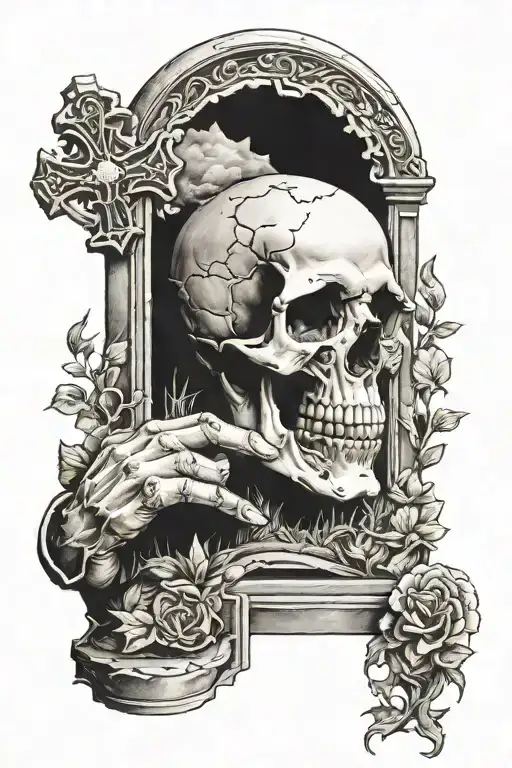 Tombstone and hand coming out in front of tombstone tattoo design idea