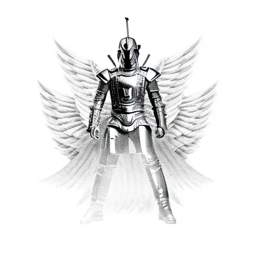 male armored warrior angel with hood and leaning on a sword and huge wings and clouds in the background black and white tattoo design idea