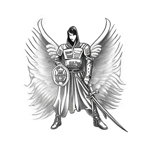 male armored warrior angel with hood and leaning on a sword and huge wings and clouds in the background black and white tattoo design idea