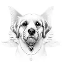 A realistic portrait of your dog Sophie with angel wings tattoo design idea