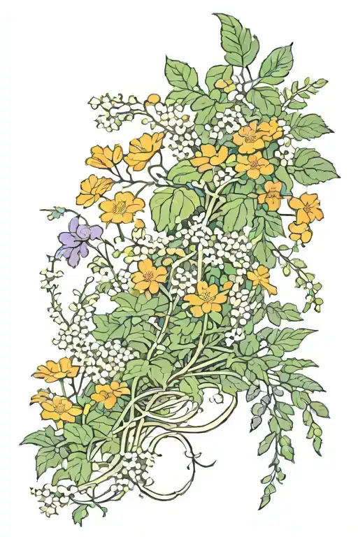 vertical vine with marigold and cosmos,waterlilly, Lily of the valley and hawthorn going up from ankle to hip tattoo design idea