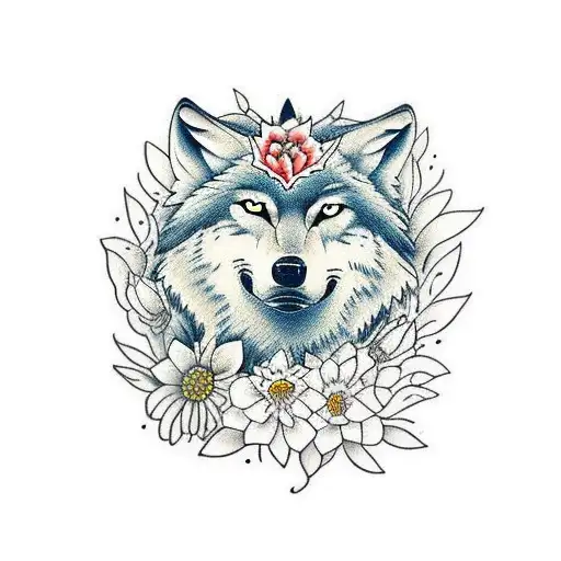 wolf surrounded by flowers  tattoo design idea