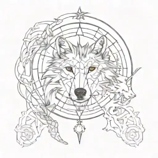 wolf compass intertwined tattoo design idea