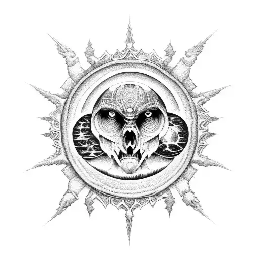 A heavy metal-inspired moon with intricate dotwork patterns tattoo design idea