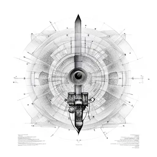 An engineer's blueprint of a guitar merging with an astronomical diagram tattoo design idea