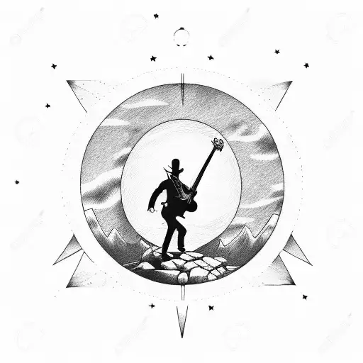 A devil with a guitar standing on top of a mountain peak under a sun and moon sky tattoo design idea