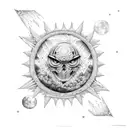 A heavy metal-inspired moon with intricate dotwork patterns tattoo design idea