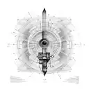 An engineer's blueprint of a guitar merging with an astronomical diagram tattoo design idea