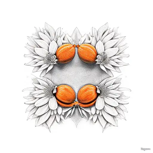 A realistic portrait of two orange pumpkins with intricate bat and daisy patterns tattoo design idea