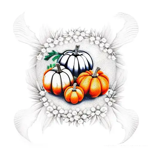 2 white pumpkins, 2 orange pumpkins with daisies and bats tattoo design idea
