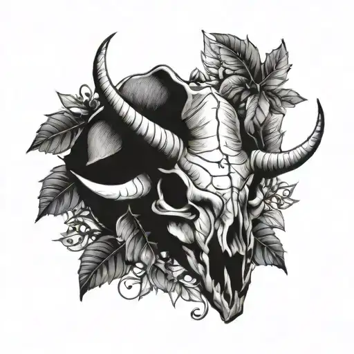 triceratops skull with leaves blackwork tattoo design idea