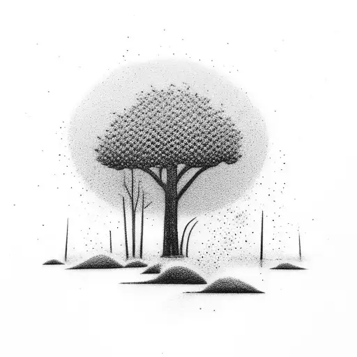 tatoo for arm. Trees with waves with nuance of gray and white with some pointillism. And a feather tattoo design idea