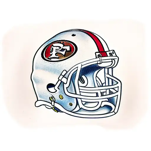 A traditional tattoo of a football helmet with the 49ers logo, featuring the initials CP instead of SF. tattoo design idea